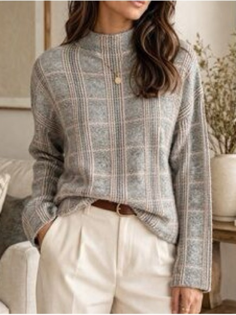 Rachel Zoe Gray Plaid Mock Neck Sweater